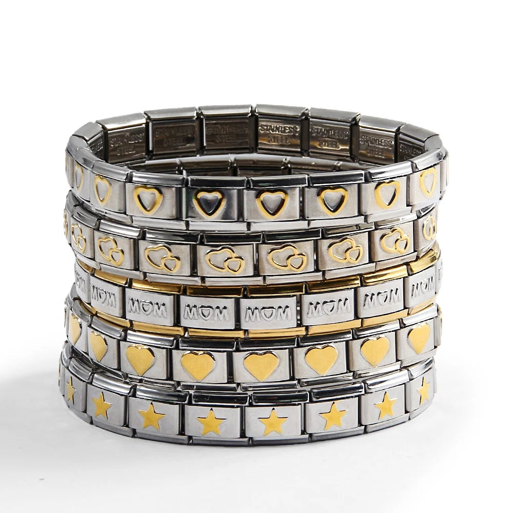 Fashion Patchwork Detachable Engrave Love Star MOM Elastic Bracelet Stainless Steel Men Italian Charm Modular Bracelet