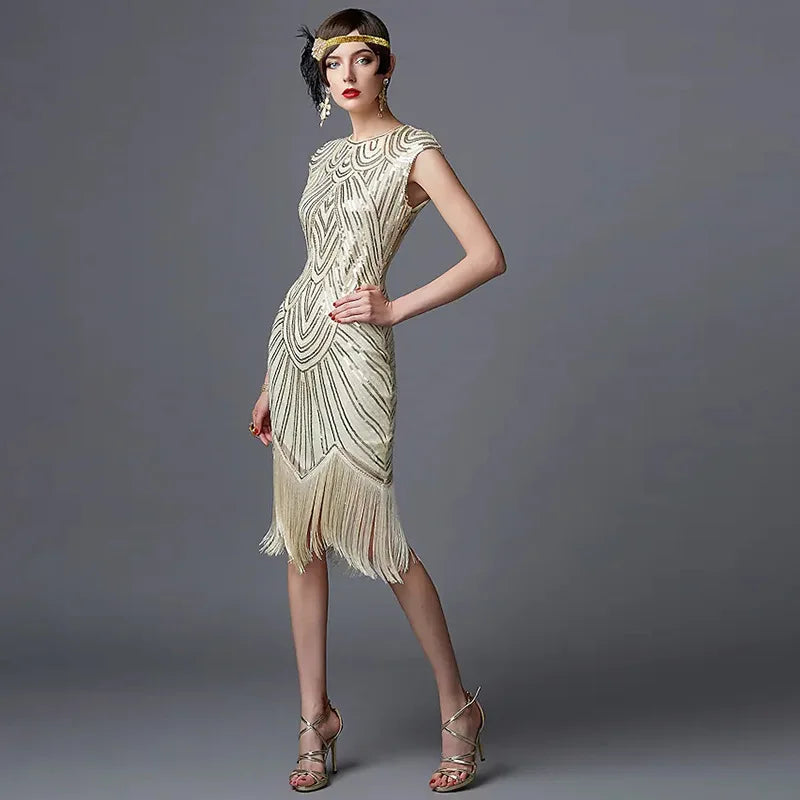 Vintage Flapper Dress for Women Sleeveless V Neck Sequin Fringe Tassel Party Dress Woven Chiffon Polyester in Stock MegaBDM