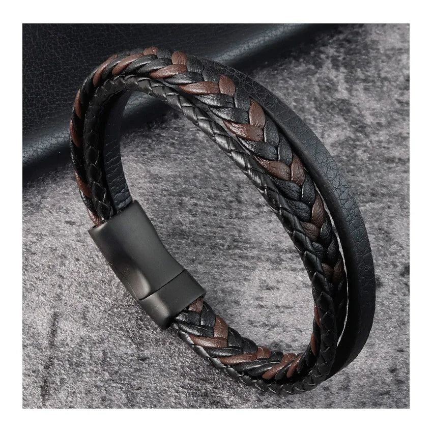 Fashion Stainless Steel Charm Magnetic Black Unisex Cuff Bracelet Leather Genuine Braided Vintage Punk Rock Bangles Jewelry Gift