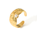 Retro Stylish Titanium Steel 18K Gold Plated Hammered Lava Textured Pearls Open Ring Tarnish Free Gift