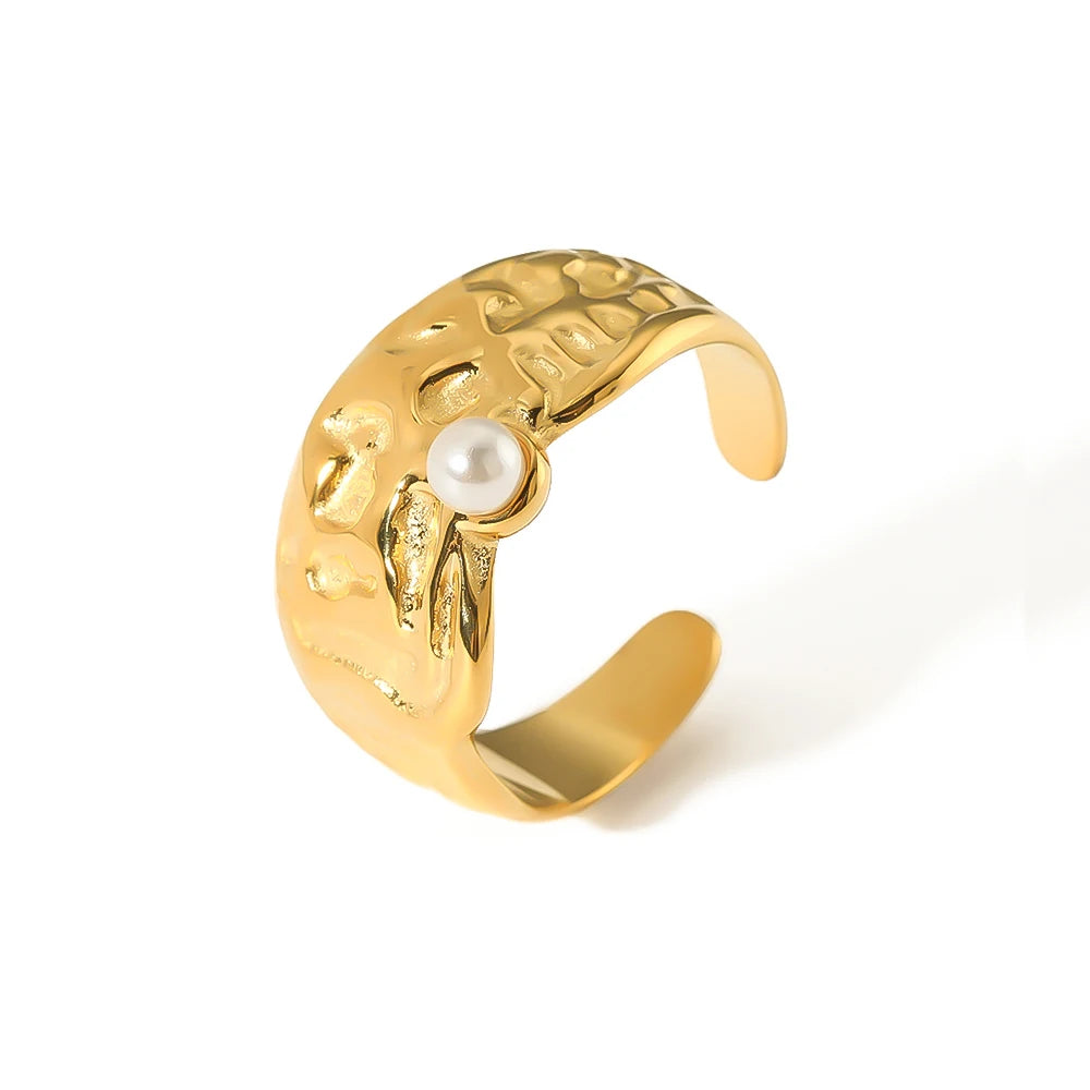 Retro Stylish Titanium Steel 18K Gold Plated Hammered Lava Textured Pearls Open Ring Tarnish Free Gift