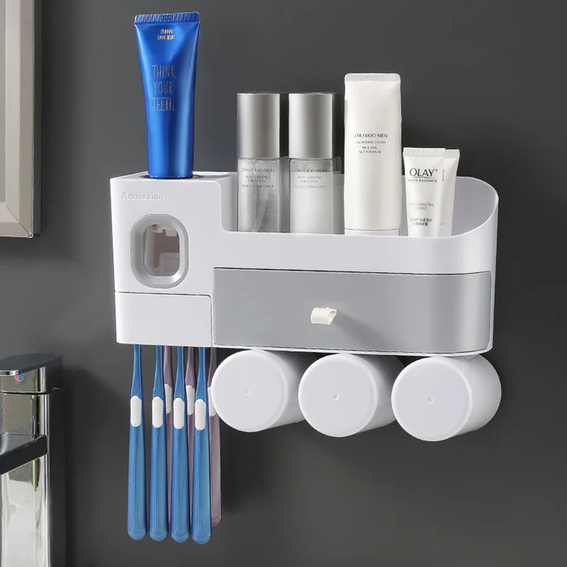 Wholesale Eco-Friendly White ABS Plastic Wall Mount Four-Piece Toothpaste Dispenser Holder Set with Custom Logo for Bathroom Use