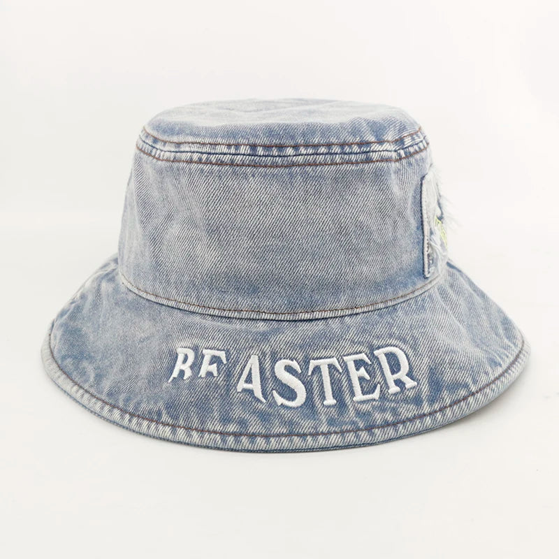 Custom logo Unisex Embroidery Brim Washed Cotton Denim Blue Jeans Distressed Bucket Hat