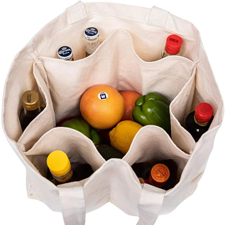 Plain Grocery Packaging Custom Supermarket Tote Recycled Cheap Cotton Canvas Tote Shopping Bag with 6 Inner Pocket