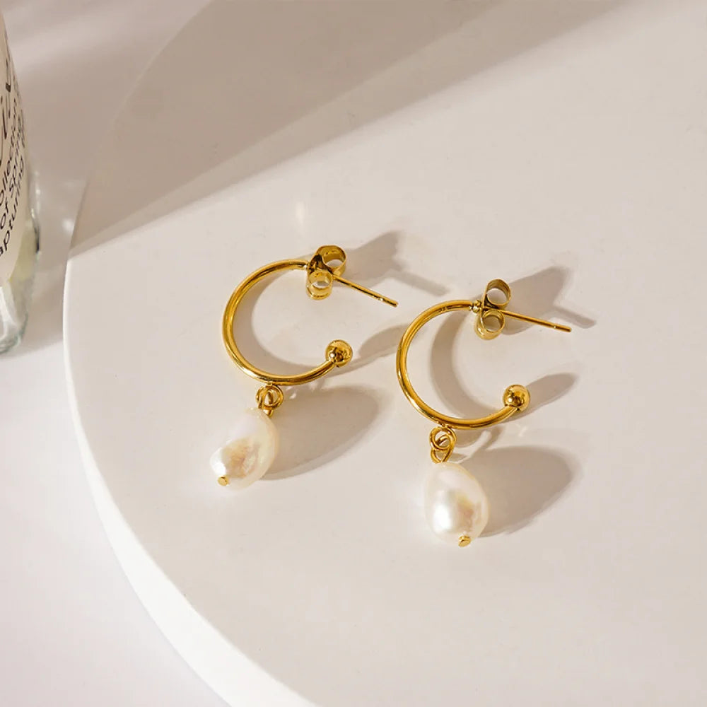 Natural Freshwater Drop C Shaped  Pearl Jewelry Classic Hanging Stainless Steel Dangle Earring