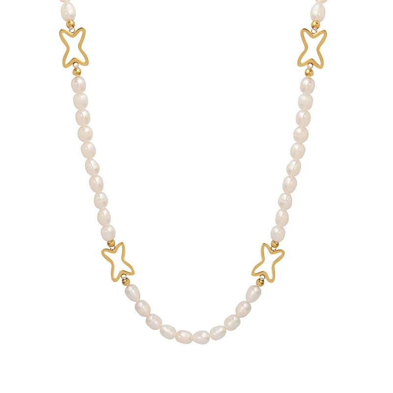French Jewelry's New Stainless Steel Necklace with Gold Plated Freshwater Pearl Pendant Round Geometry Collar Chain Wedding Gift
