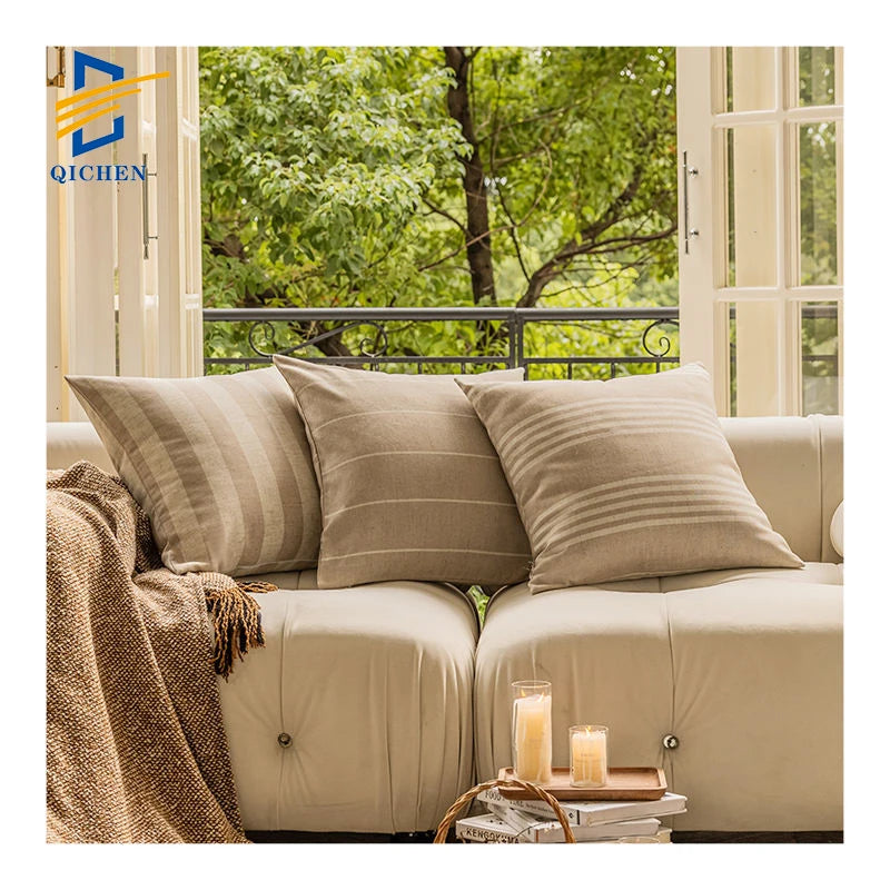 Innermor Luxury Geometric Square Linen Textured Cushion Cover Outdoor Throw Pillow Case for Home Hotel Hospital Beige Color