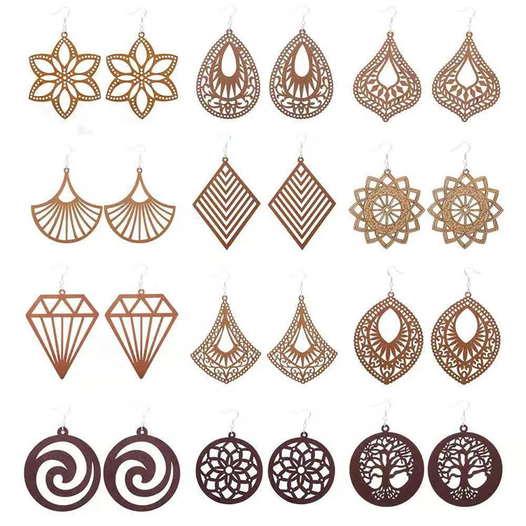 Exaggerated African Pattern Earrings Brown Wood Boho Earrings Personality Geometric Wooden Earrings for Women