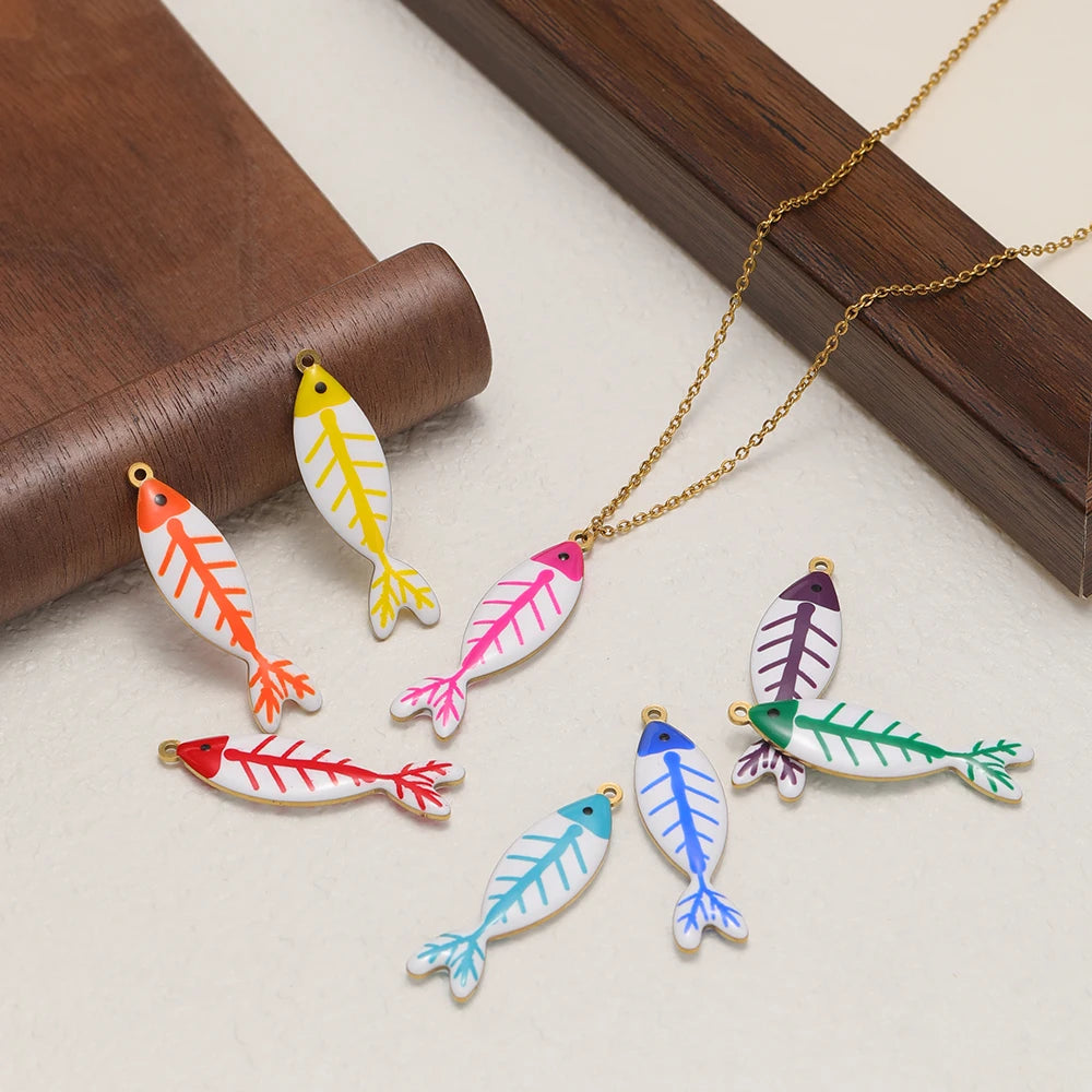 Fashion 304 Stainless Steel 18k Gold Plated Pendants Stainless Steel Jewelry Enamel Fish Charm Fish Charms for Jewelry Making
