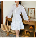 French Niche 2024 Autumn New Style Lace Embroidery Hollow Puff Sleeve High Waist Pure Shirt Dress
