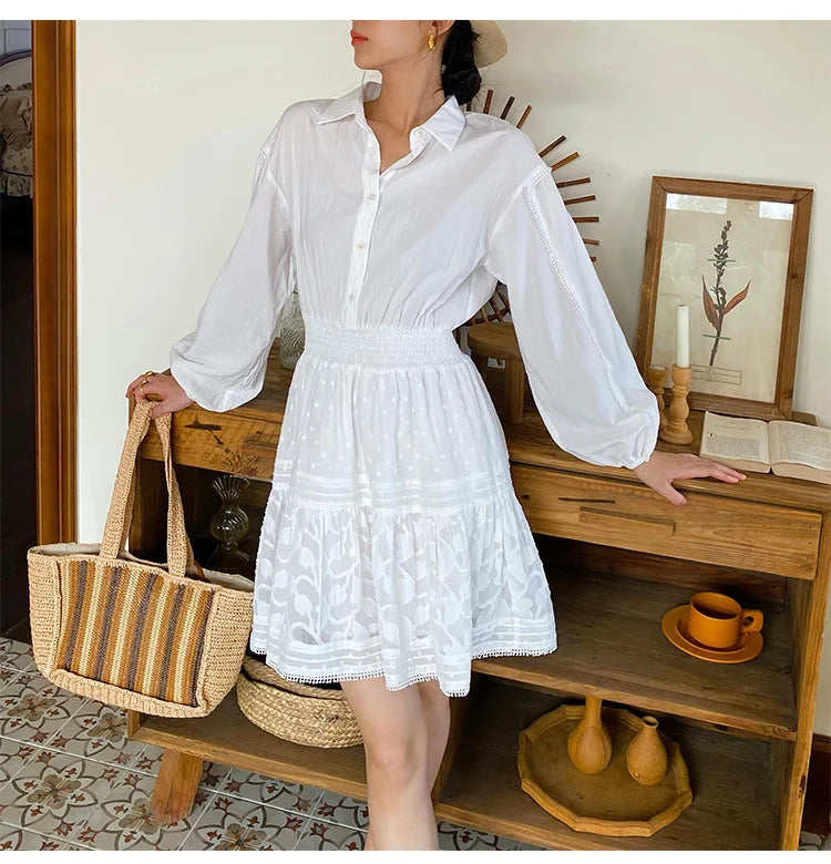 French Niche 2024 Autumn New Style Lace Embroidery Hollow Puff Sleeve High Waist Pure Shirt Dress