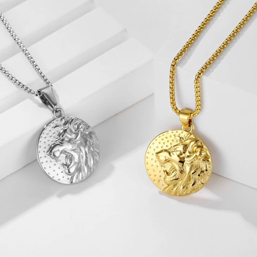Hip Hops 25mm Lion Pendant Round Stainless Steel Gold Silver Animal Necklace Punk Men Judah Lion Head Necklace