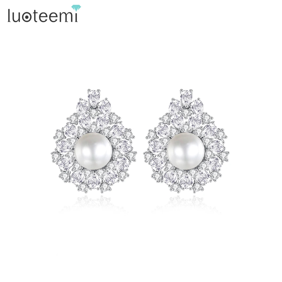 LUOTEEMI Wholesale Luxury a AA Cubic Zircon White Round Sea Shell Pearl Diamond Female Waterdrop Big Stud Earrings