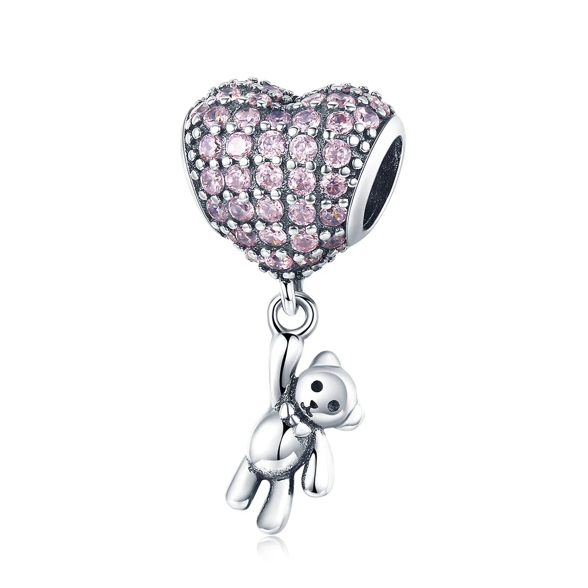 925 Sterling Silver Heart Shape Pink Zircon Bear Charm Beads for Women Jewelry Bracelet DIY Accessories Wedding Gifts SCC1054