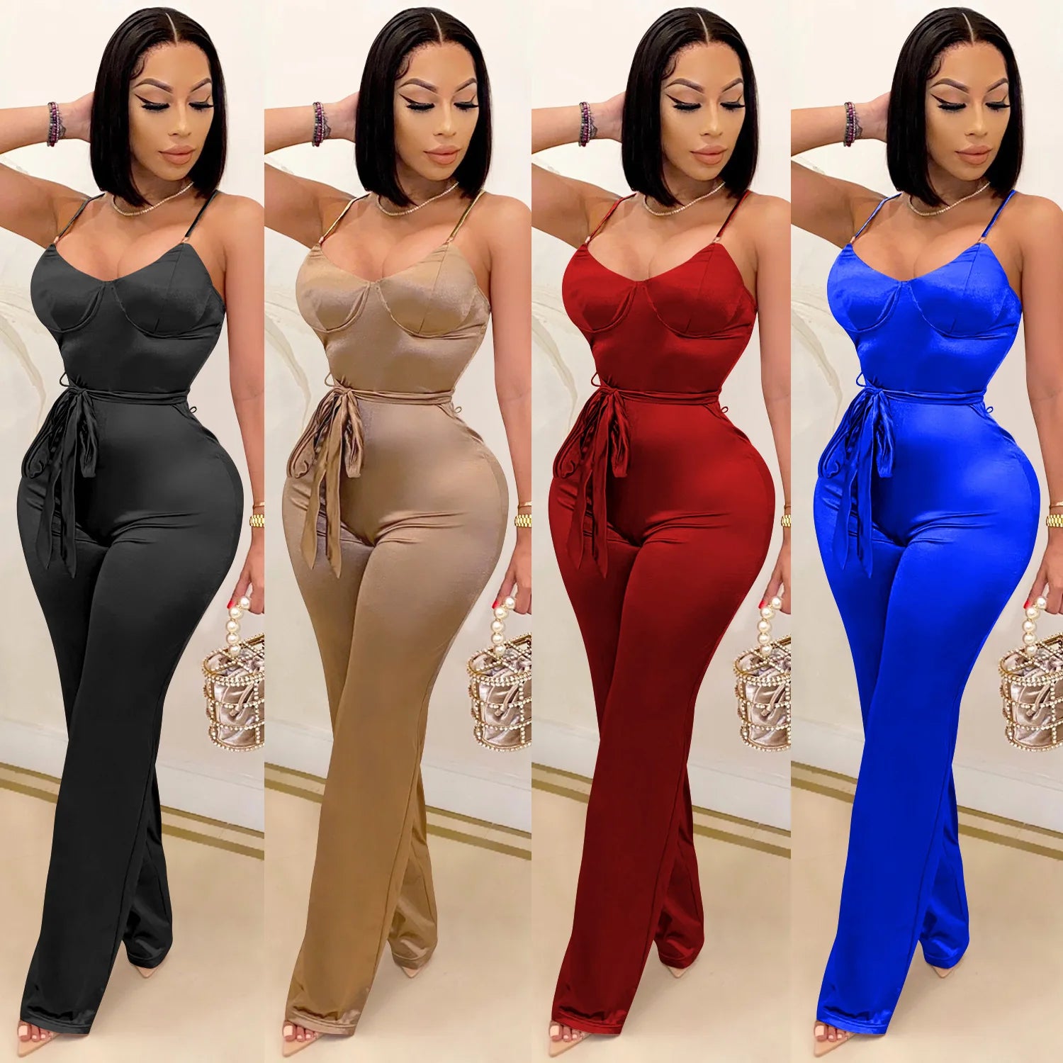2025 Fashion Women's Jumpsuit Solid Color Sexy Sleeveless Straight Pants Women Jumpsuit