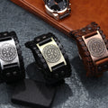SC Leather Bracelet Viking Punk Wide Cuff Men Bracelet Wholesale Nordic Totem Engraved Compass Leather Bracelet for Men