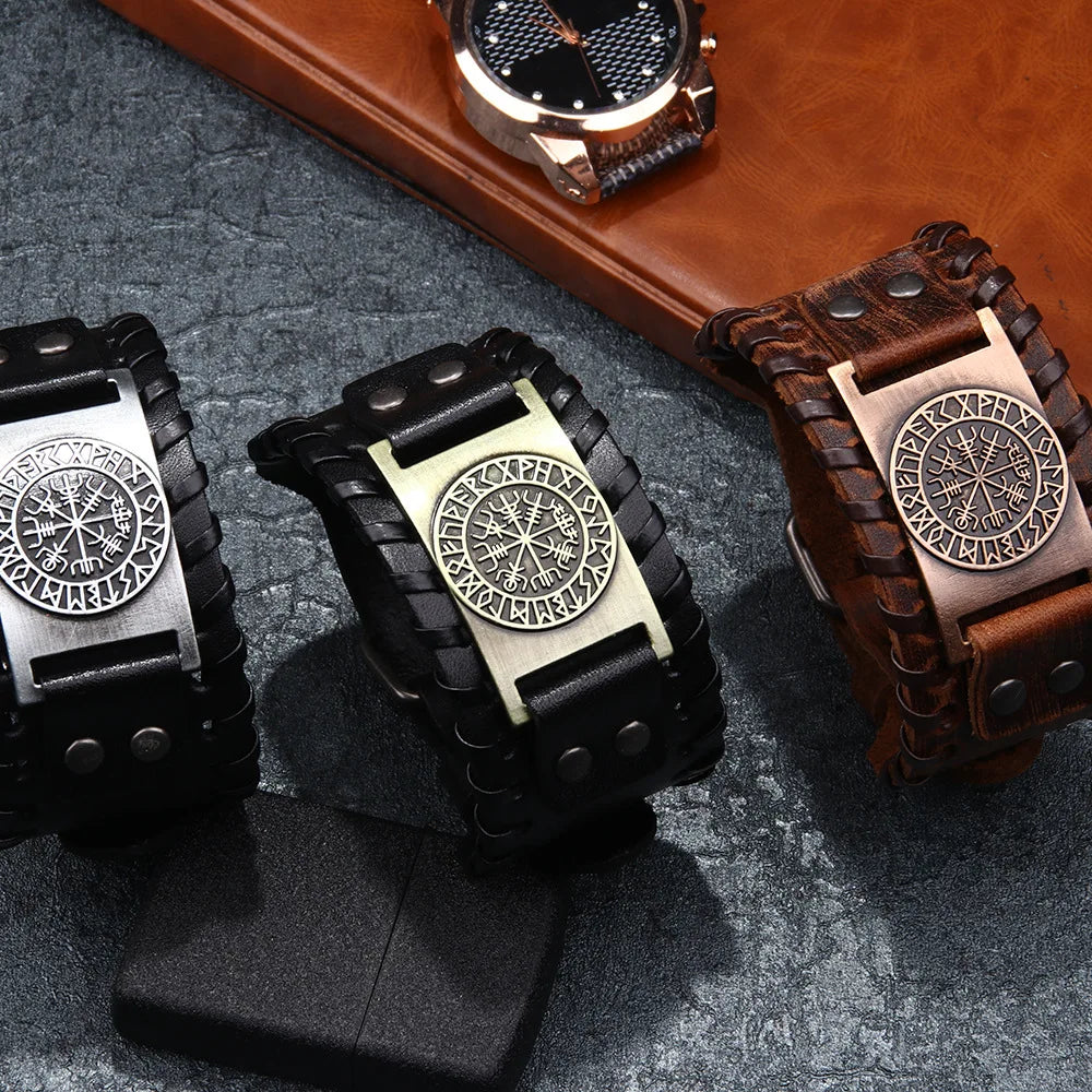SC Leather Bracelet Viking Punk Wide Cuff Men Bracelet Wholesale Nordic Totem Engraved Compass Leather Bracelet for Men