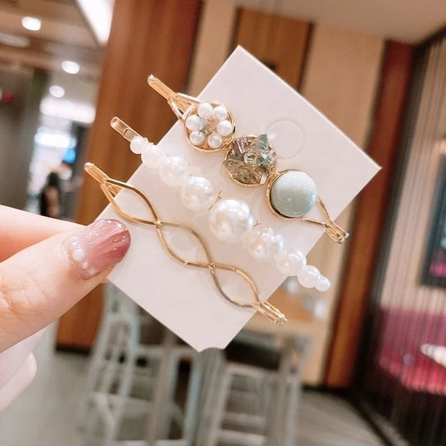 Korean Hair Clips Simple Letter Rhinestone 3pcs Hairpins Hair Clips With Pearl for Girls and Women