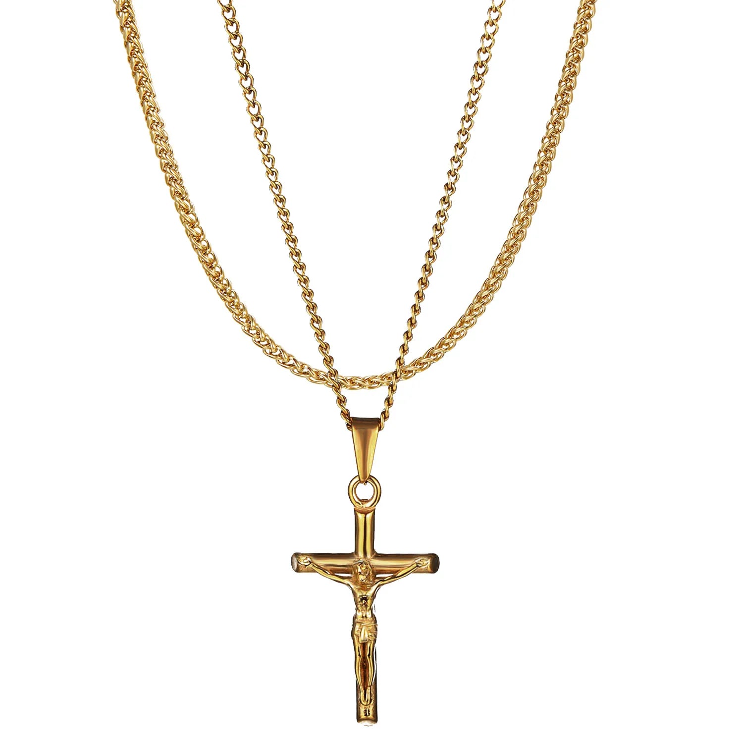 Non Tamnish Stainless Steel Gold Plated Chain Necklace Custom Men Necklace Set Wheat Chain Crucifix Cross Lavered Necklace