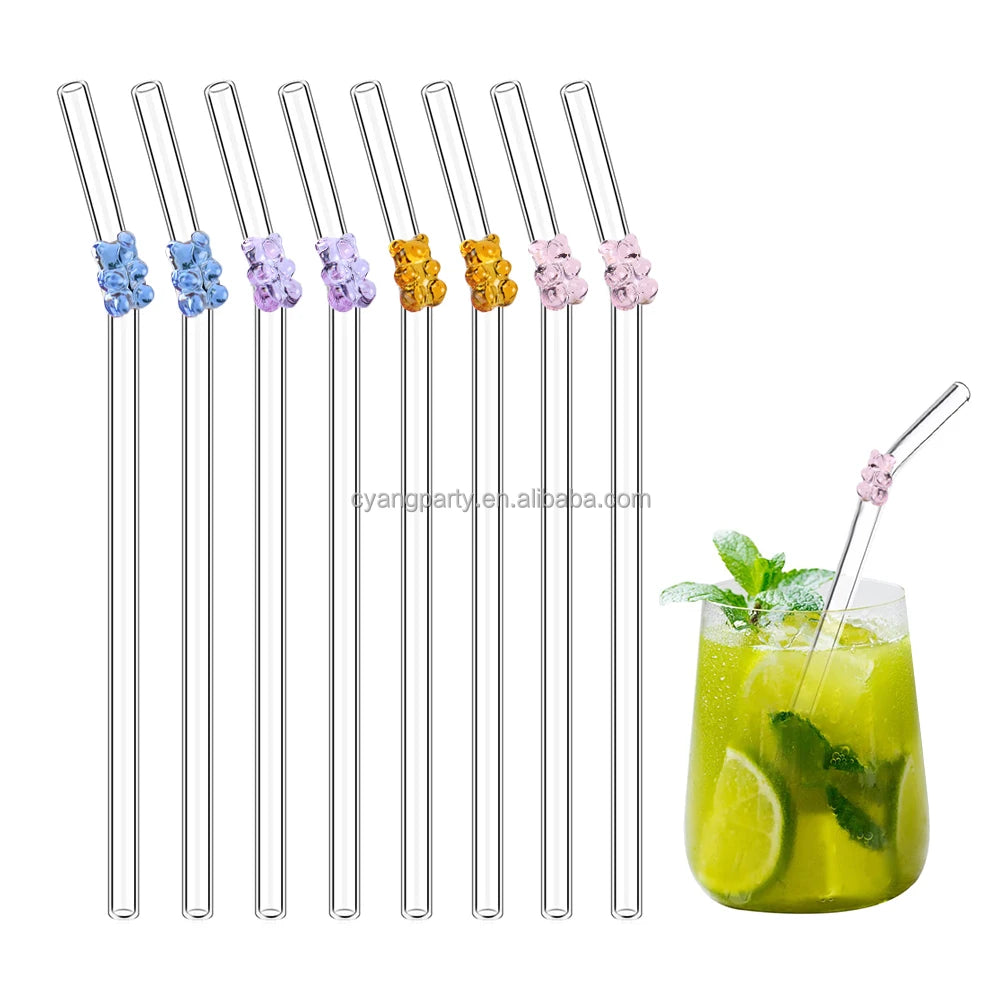 Gummy Bear Glass Charm Straws 16oz Glass Straw with Bear Design Charm