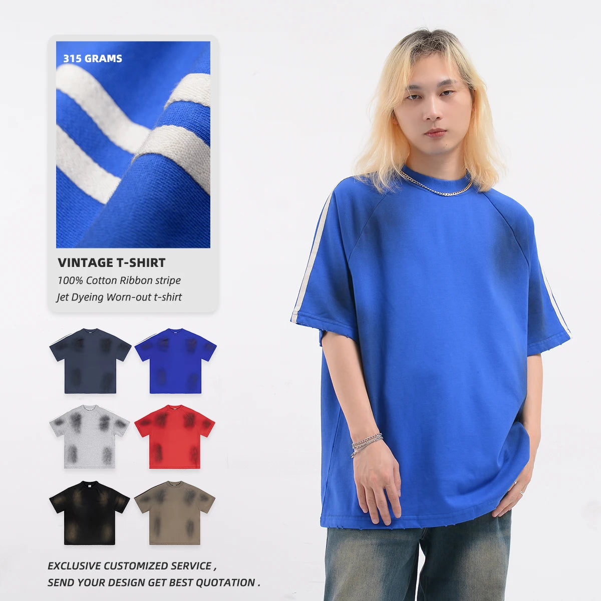Hot Sales Manufacturer Jet Dyeing T Shirt Streetwear Heavy Weight 315 GSM Worn-out Wash Ribbon Stripe Vintage T Shirt Unisex