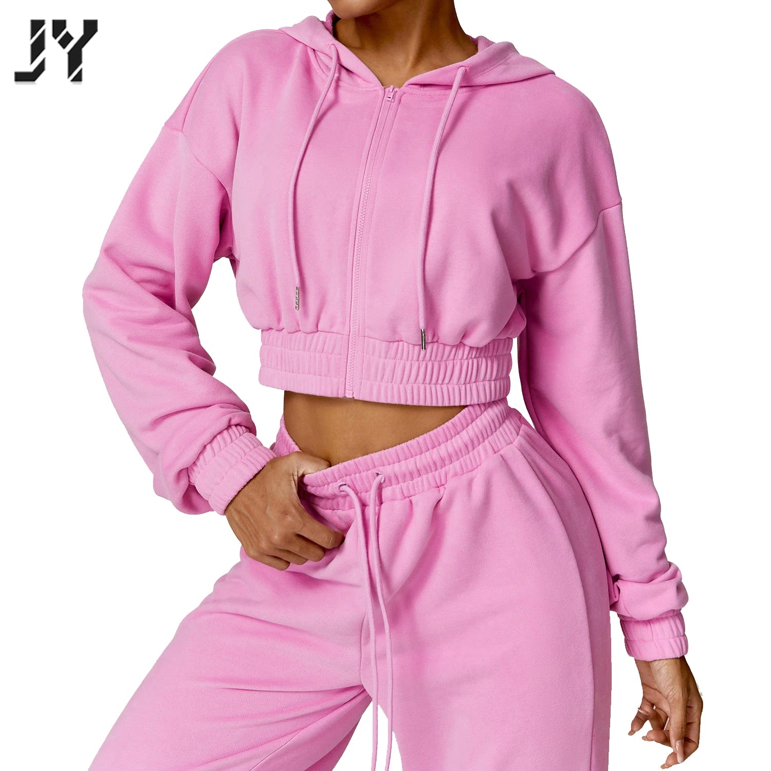 Joyyoung Women Cropped Zip Hoodie and Joggers Set High Waisted Two Piece Tracksuit for Gym Workout Casual Streetwear Outfits