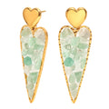 Trendy Retro Style 18K Gold Plated Stainless Steel Earrings Green Aventurine Embellished Long Heart Waterproof Studs for Gift