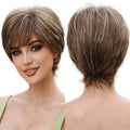 Short Pixie Cut Synthetic Wigs with Bangs Brown Mixed Blonde Layered Bob Wigs for Women Natural Daily Cosplay Party False Hairs