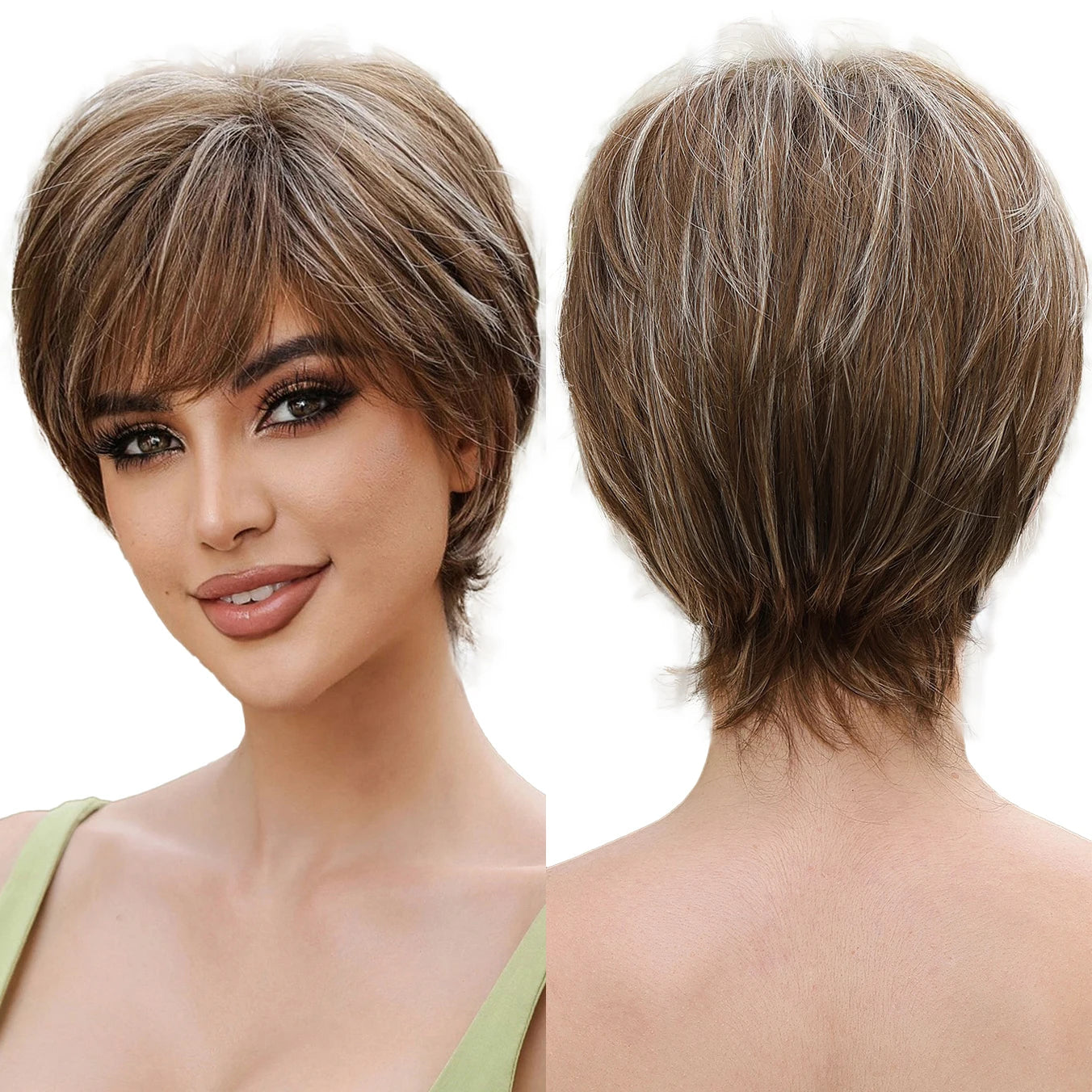 Short Pixie Cut Synthetic Wigs with Bangs Brown Mixed Blonde Layered Bob Wigs for Women Natural Daily Cosplay Party False Hairs