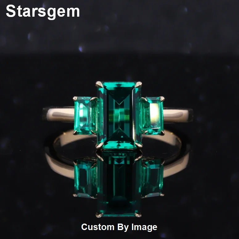 Starsgem Gold Setting Emerald Cut Lab Grown Emerald Three Stone Ring