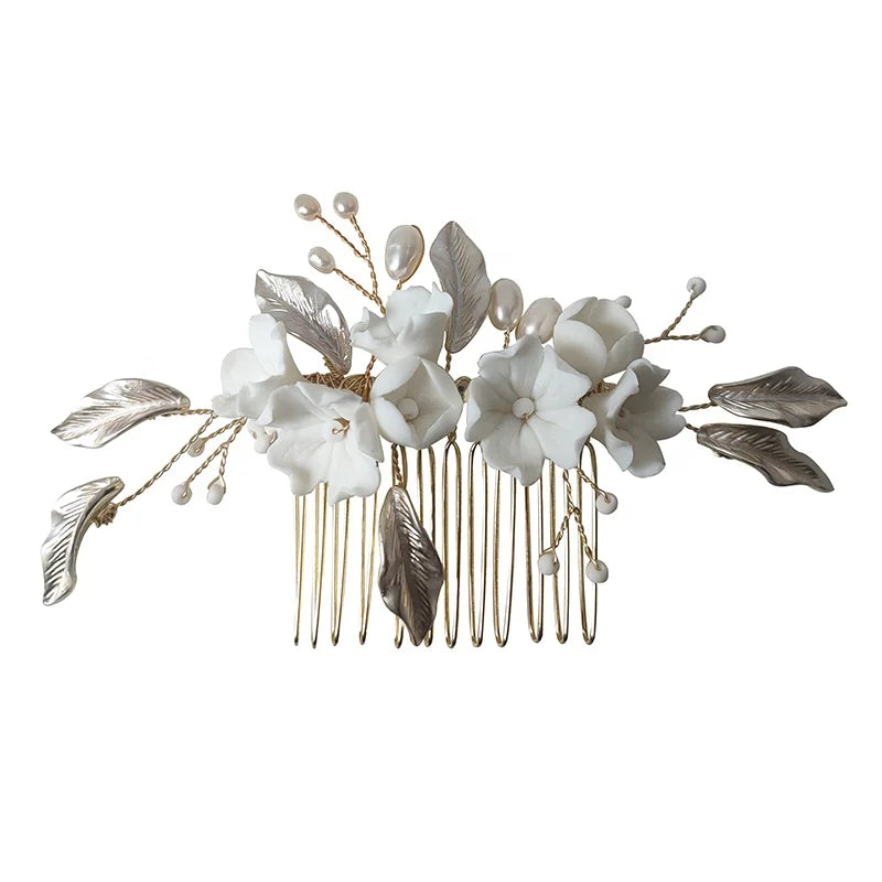 Women's Fashion Hair Decoration Headpiece Wedding Accessories Comb and Pins with Ceramic Flower Freshwater Pearl Party Perfect