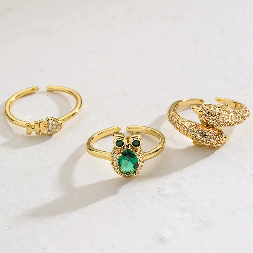 Hot Selling Real Gold Personality Sea Animal Diamond Adjustable Ring for Women