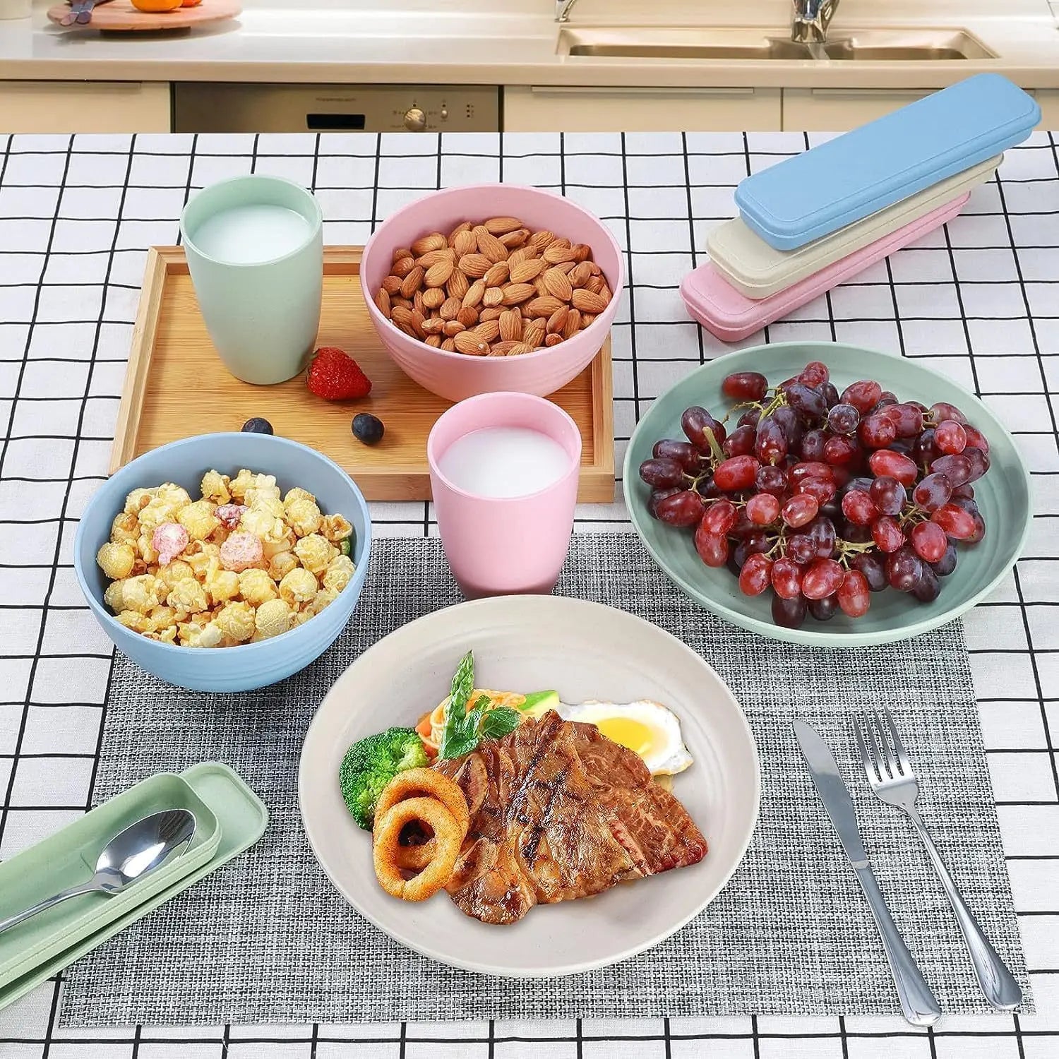 Portable 28-Piece Disposable Tableware Set Includes Knife Fork Spoon Plastic Bowl Cup Wheat Straw Bowl Water Cup for Outdoor s