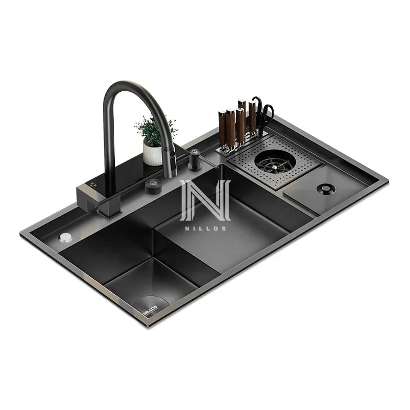 N8850XN 304 Stainless Steel Square Single Bowl Step-Base Handmade Smart Kitchen Sink with Faucet