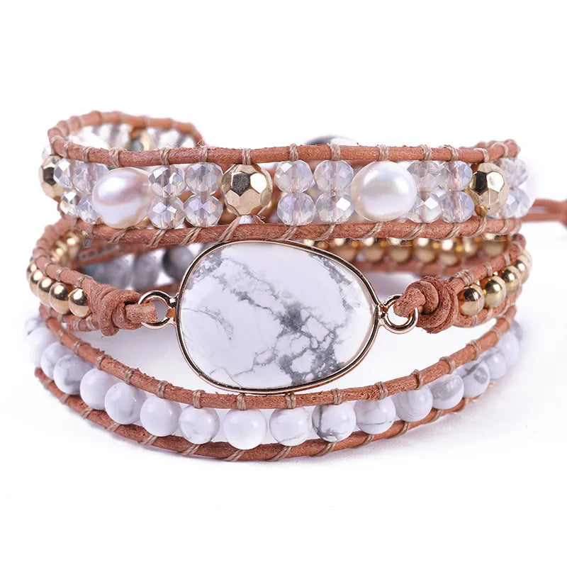 3 Wraps Wrap Bracelet Leather Bohemian Layered Bracelets with Natural Gem Howlite Stone Beads Beaded Jewelry Journey Women