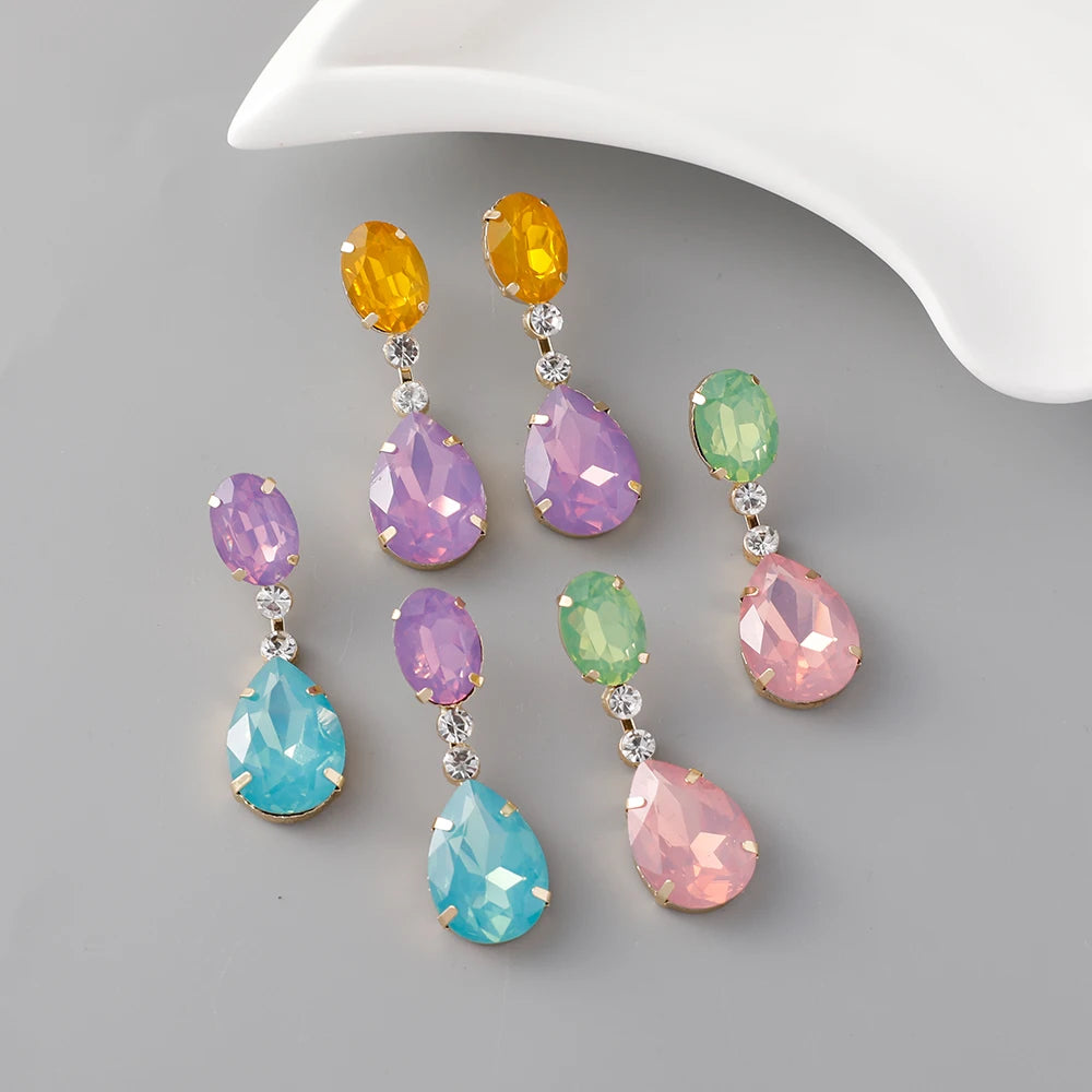 Fancy Blue Purple Gemstone Droplets Stud Earrings Bling Candy Color Crystal Rhinestone Water Drop Earrings for Girls