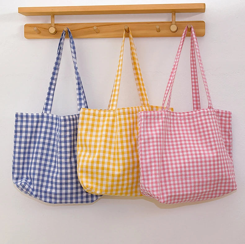 Plain Checked Pattern Cotton Tote Bag for Shopping Wholesale Custom Reusable Shoulder Bags