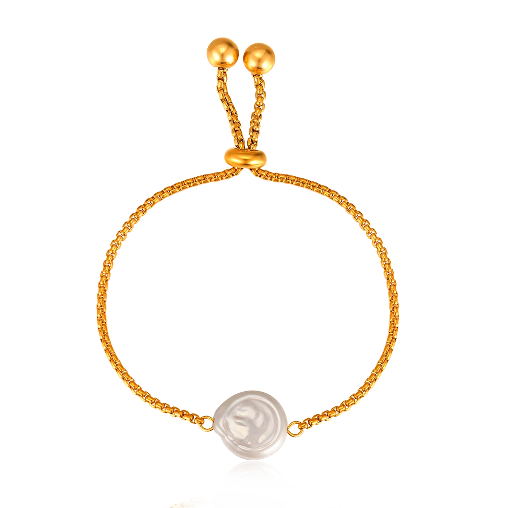 Drawstring Flat Freshwater Pearl Bracelet Niche Adjustable Stainless Steel 18K Gold Plated Jewelry Valentine Gift