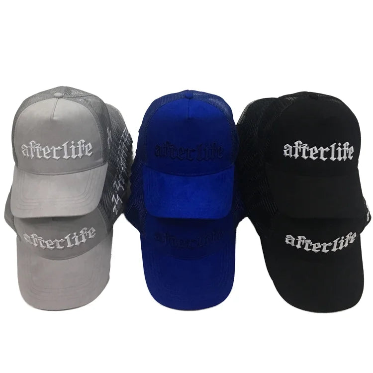 Wholesale Customizable 3D Embroidery Cap Grey Suede 5 Panel Trucker Hat Mesh Fabric Curved Brim Adults Sports