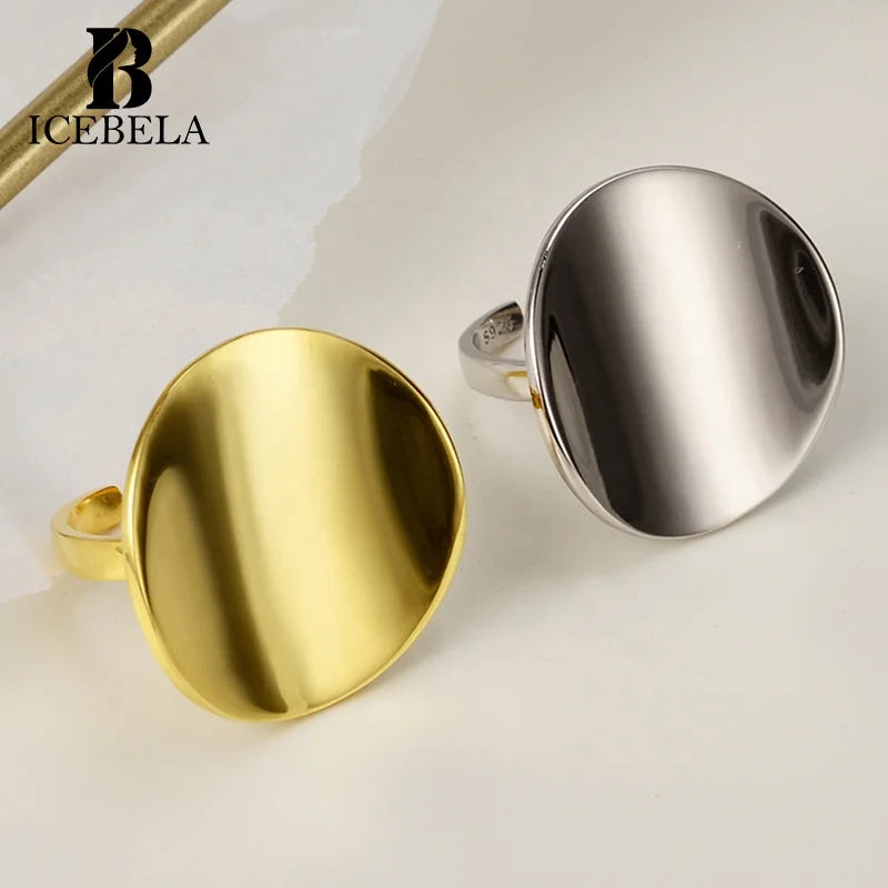ICEBELA S925 Sterling Silver 18k Gold Plated Exaggerated Geometric Smooth Surface Circular Ring Niche Design Finger Ring