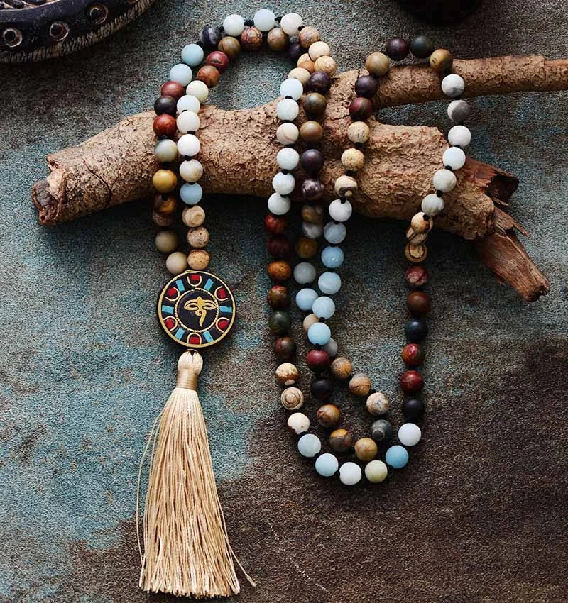 Bohemia 108 Beads Malas Jasper Long Tassel Nepal Charm Spiritual Necklace Yoga Jewelry Featuring Agate Main Winged Pattern Chain
