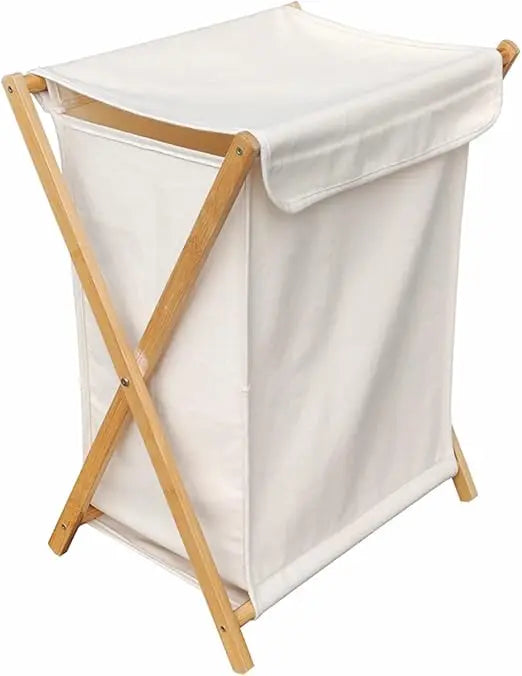 Bamboo Laundry Hamper Sorter Cart X Frame Laundry Basket with Removable Fabric Lid