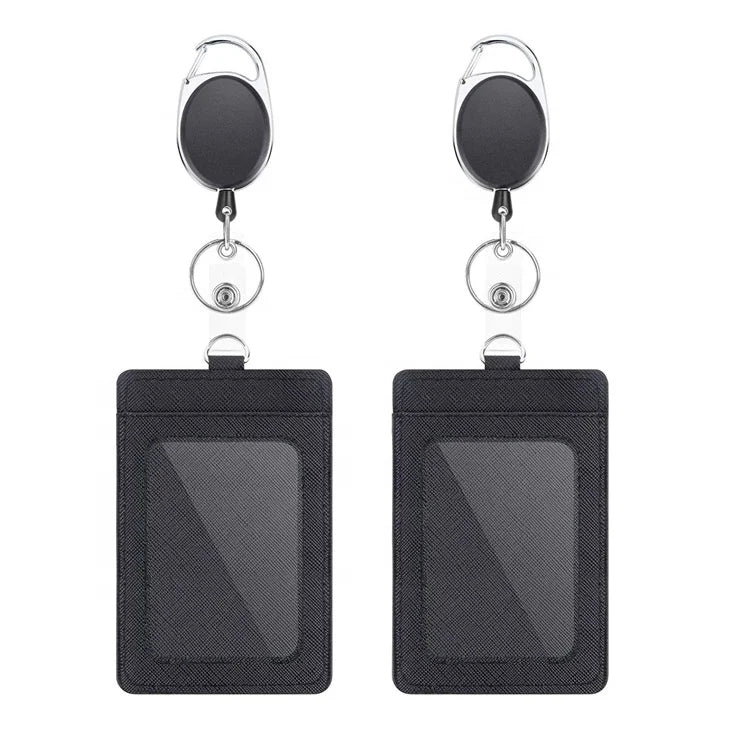 Carabiner Retractable Badge Holder Reel with 2 Pockets Faux Leather Pouch Yoyo Clip with Vertical PU ID Case China Manufacturer