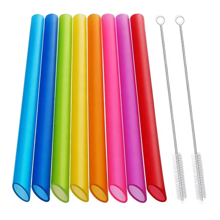WHOLESALE Reusable 12mm Hard Plastic Straws Bubble Tea Boba Straw Set with Cleaning Brush 8+2