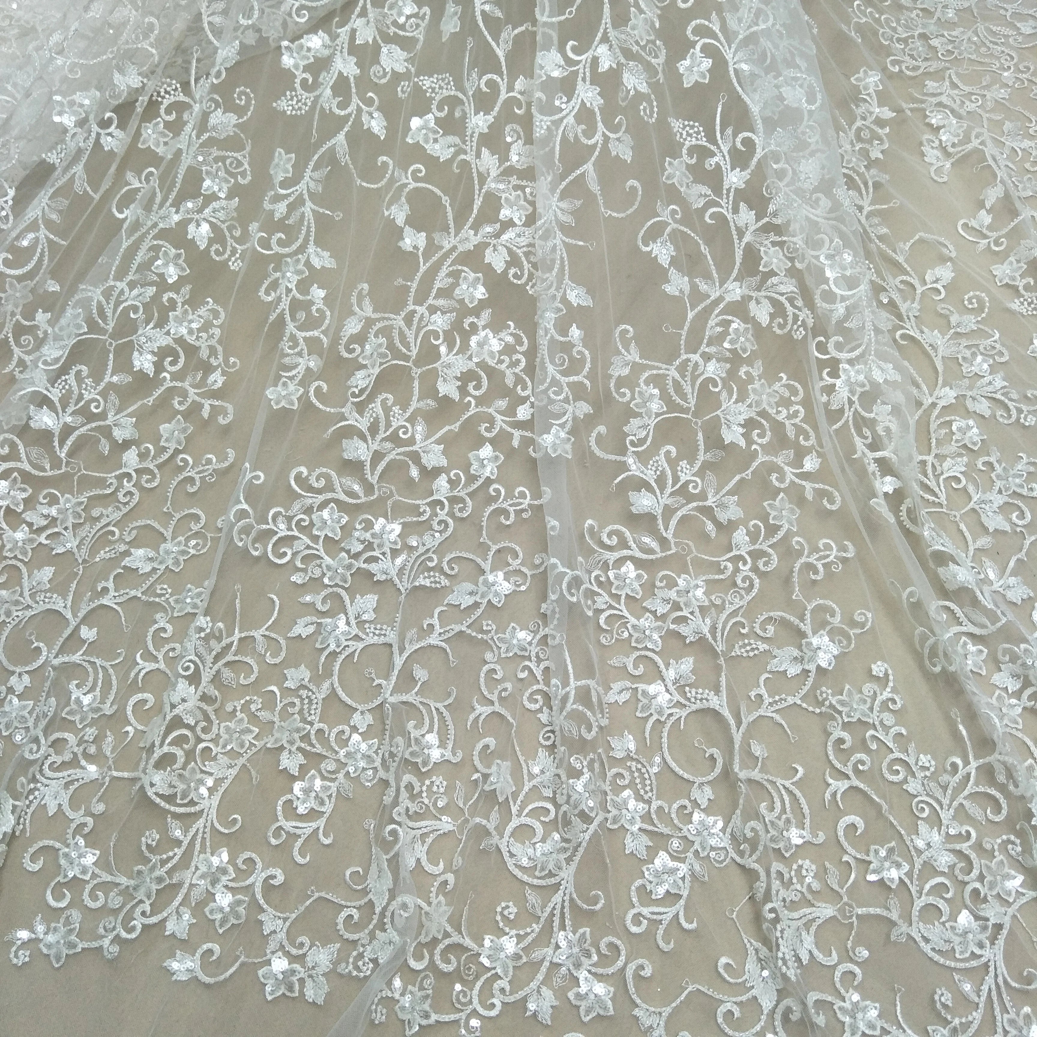 Hot Sell Full Beaded Sequin Embroidery Mesh Lace Fabric Beaded Lace Fabric Luxury for Weddings White for Wedding