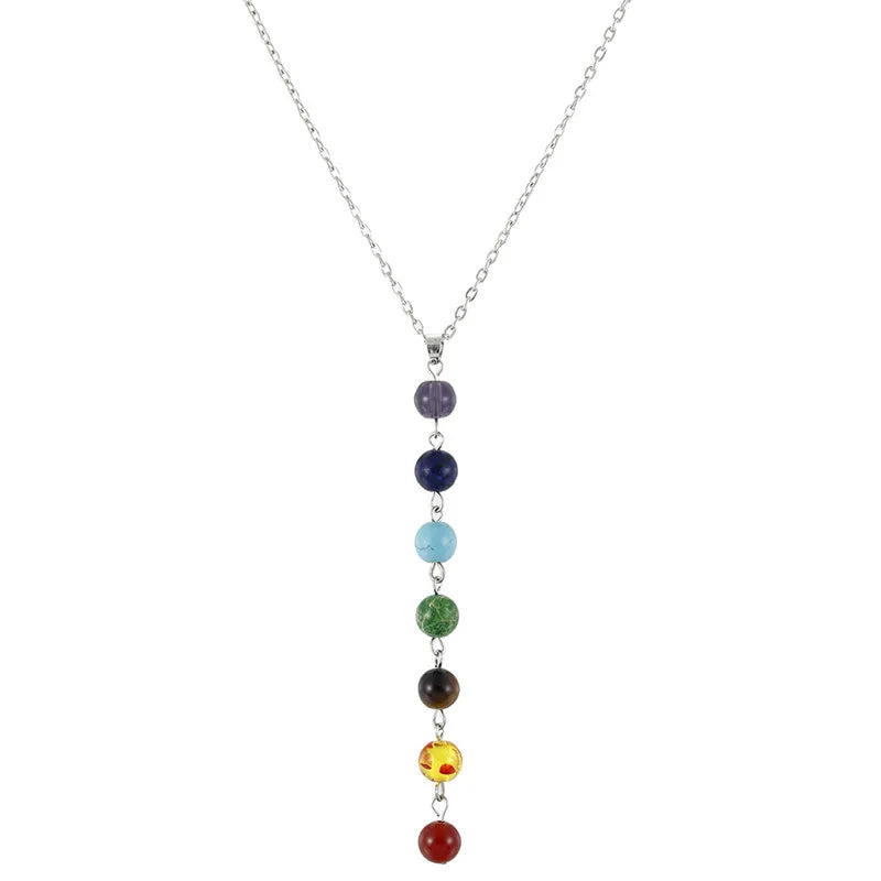 Yoga 7 Chakra Agate Pendant Necklace 8mm Natural Stone Beads Necklace for Women Gemstone Jewelry
