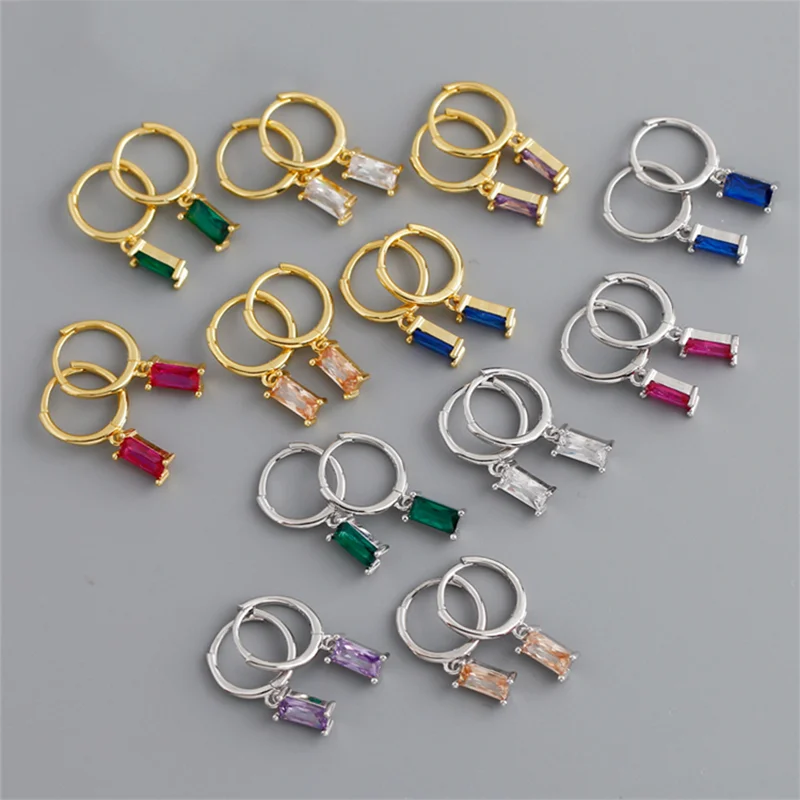 Genuine 925 Sterling Silver Geometric Cubic Zircon Earrings 18K Gold Square Rainbow CZ Drop Earrings for Women