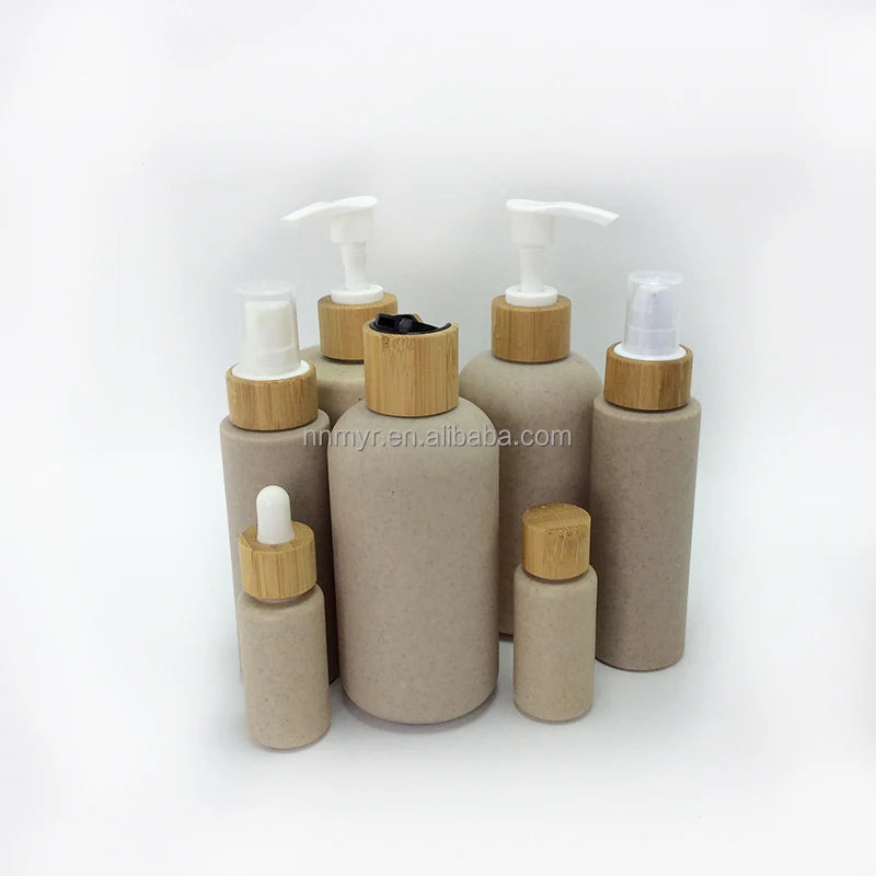 Wholesale Biodegradable Wheat Straw Empty Shampoo Bottle with Bamboo Pump Custom Screen Printing
