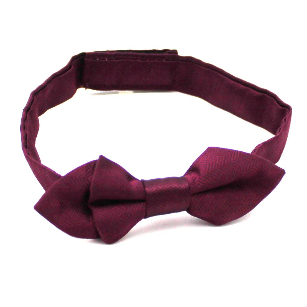 Maroon Bowtie Set Solid Fishbone Diamond Fashion Easy Wear Adjustable Herringbone Woven Pretied Children Kid Polyester Bowtie