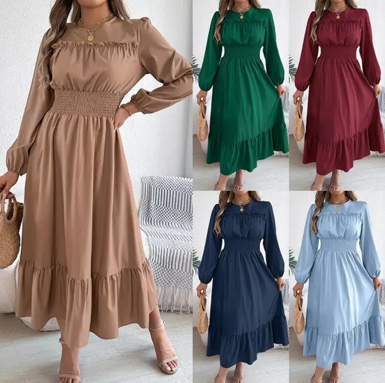 Wholesale Custom Elegant Lantern Sleeve Ruffle Women's Casual Pleated Dresses Autumn Solid Color Dresses Pretty Dress